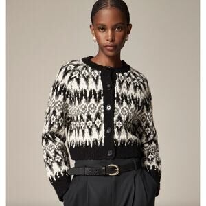 J.Crew Cropped Fair Isle Cardigan Wool Blend Black White Holiday Retro XXL NWT